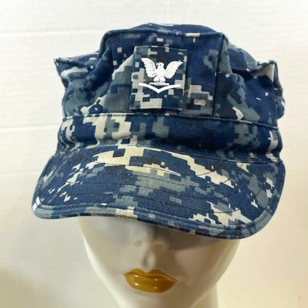 Military US Navy Petty Officer 3rd Class Blue Camo 8 Pt Utility Cap Cotton Blend